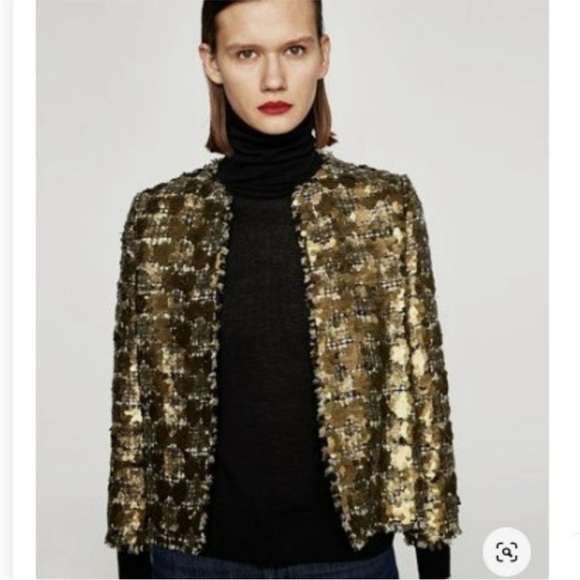 Zara Tweed Gold Sequined Open Jacket Blazer Rare Size Medium - Picture 1 of 10